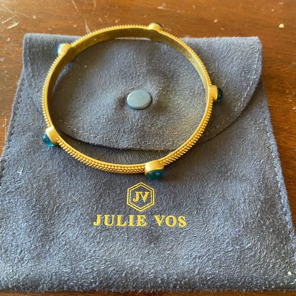 Bundle- 3 Julie Vos Gold Bracelets. One with Teal Cabochons, 2 gold ( no gem). - Picture 2 of 3